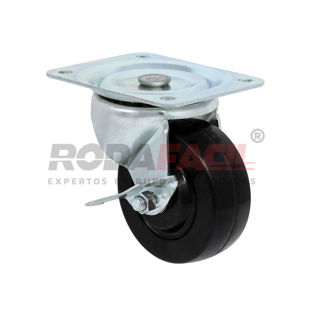 Rodaja giratoria de 4"con freno lateral, rueda de hule duro servicio ligero.