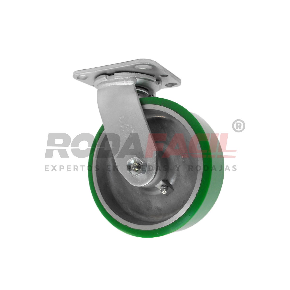 Rodaja giratoria de 6", rueda Aluminio/ Poliuretano con balero de rodillos y buje. Acabado galvanizado. Servicio medio pesado