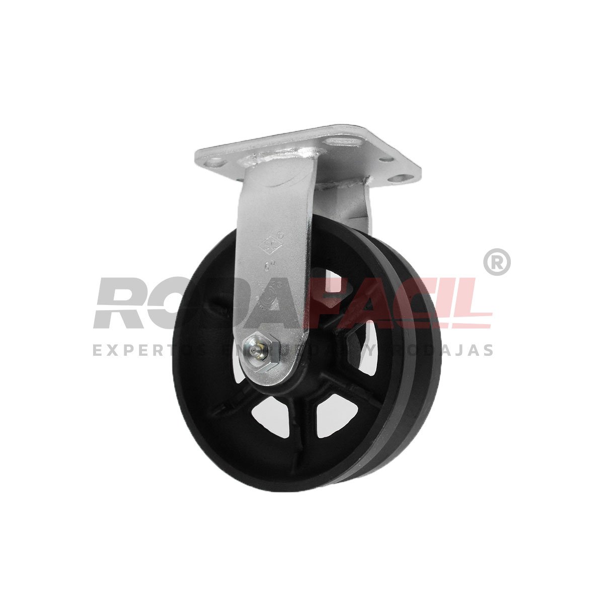 Rodaja Fija de 6", rueda de fierro en canal, con balero de rodillos y buje. Acabado galvanizado. Servicio medio pesado