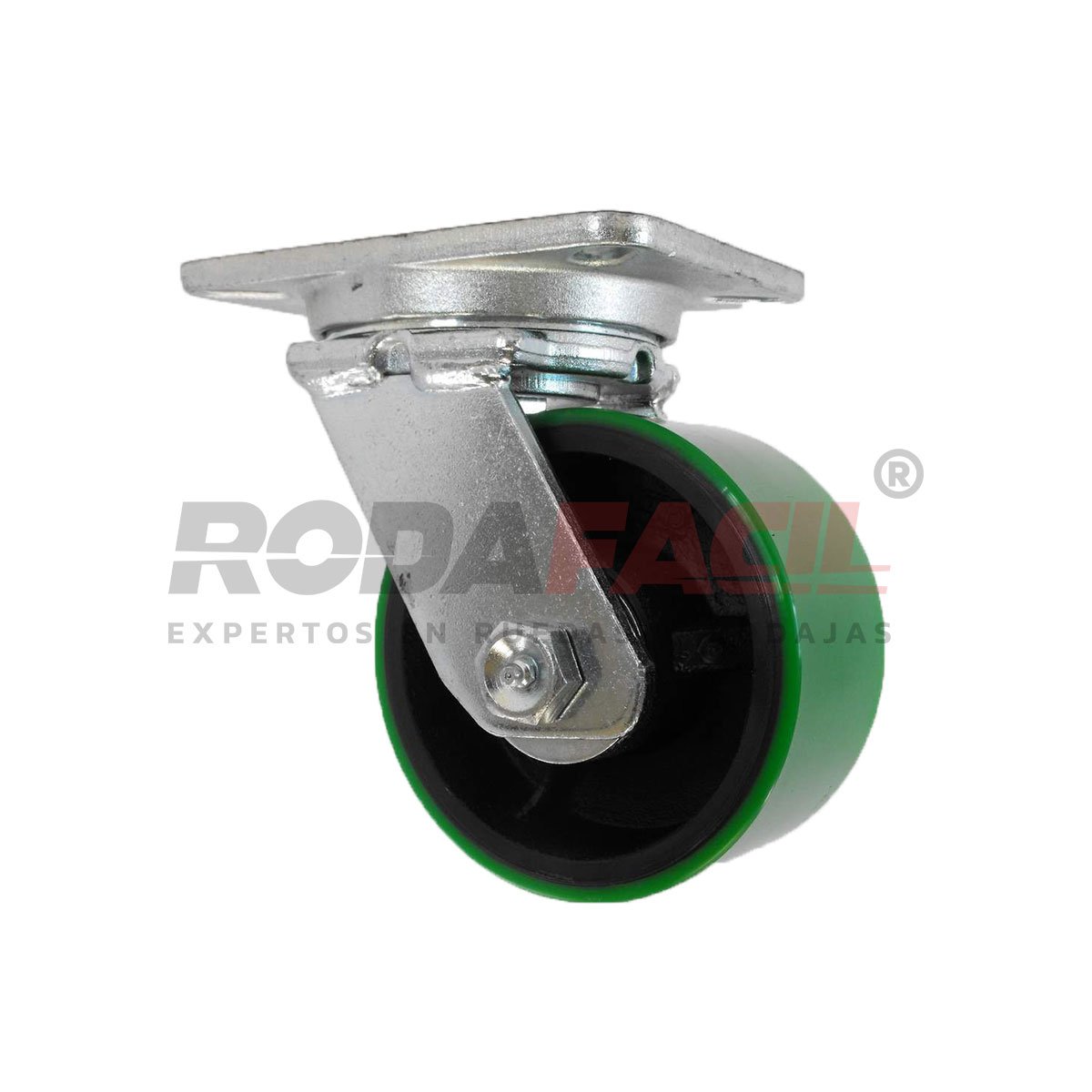 Rodaja giratoria de 6", rueda de fierro/poliuretano, con balero de rodillos y buje. Herraje galvanizado. Carga Pesada
