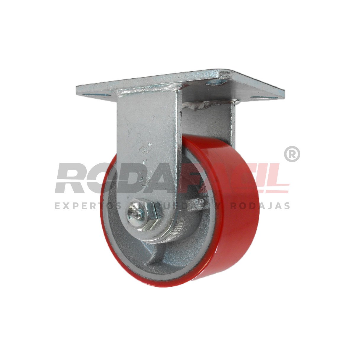 Rodaja fija de 6", rueda de fierro/poliuretano, con balero de rodillos y buje. Herraje galvanizado. Carga Pesada