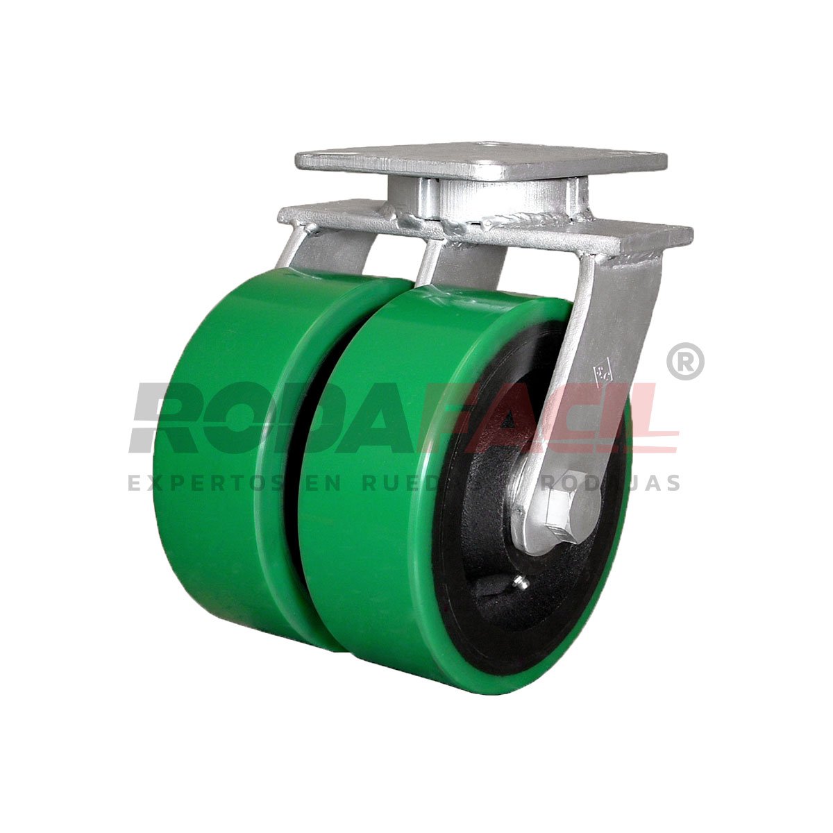 Rodaja giratoria de 8", rueda de Fierro/Poliuretano, con balero de rodillos y buje. Herraje cincado. Carga extra-pesada